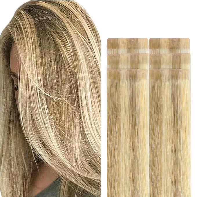 GOO GOO Invisi Edge Tape in Hair Extensions Human Hair, 16/22 Light Blonde Highlighted Golden Blonde, 6pcs 16inch 15g, Virgin Remy Hair, Seamless Injected Tape, Natural Look