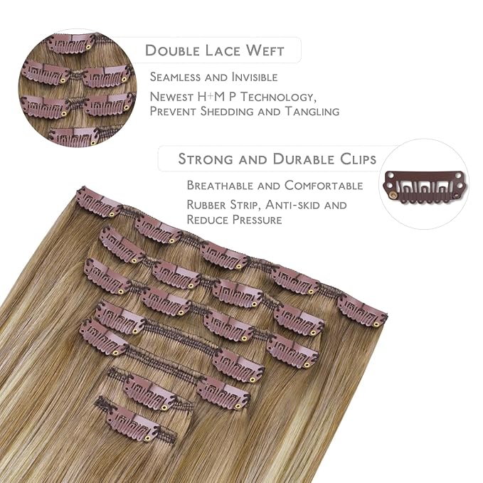WENNALIFE Clip in Hair Extensions Real Human Hair, 14 Inch 120g 7pcs Balayage Dirty Blonde with Platinum Ends Remy Hair Natural Double Weft