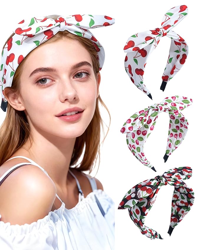 ACECHA 3 Pack Cherry Headbands for Women Girls Fashion, Bunny Ears & Knot Bow Head bands, Stretchy Soft Wide Hair Bands, Cute Hair Accessories Outfits Vacation Gifts Bunny Ears
