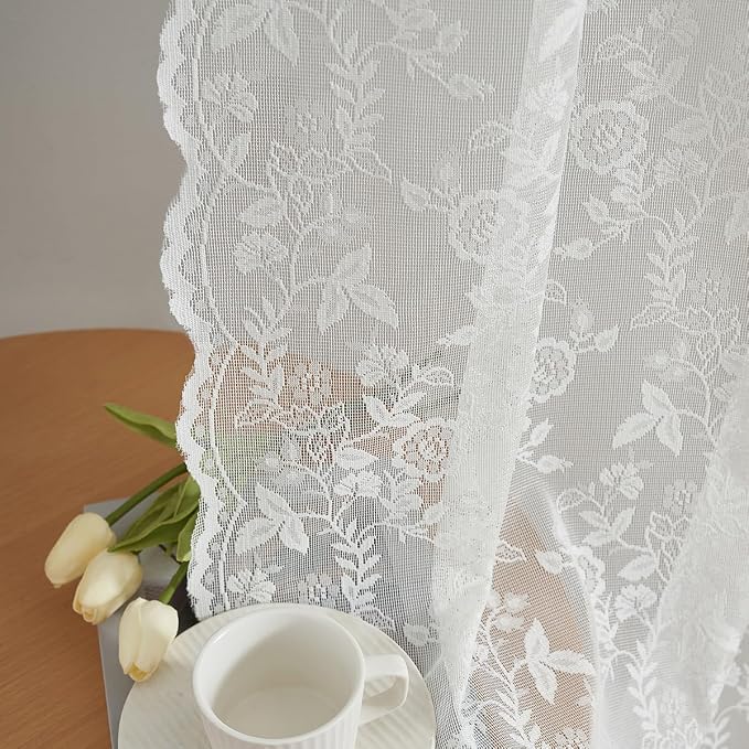 FINECITY Ivory Lace Curtains 45 Inch Length, Vintage Sheer Curtains Short by FINECITY