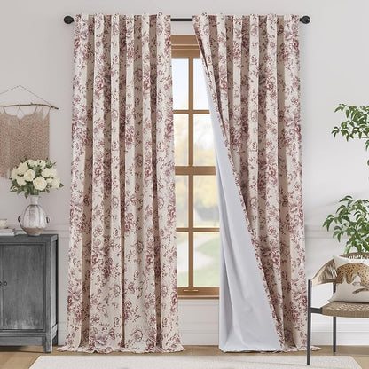 jinchan Red Floral Linen Blackout Curtains Lined 96 Inch Back Tab 2 Panels | by JINCHAN