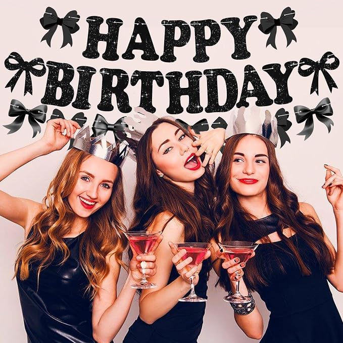 Glitter Black Bow Happy Birthday Banner Pre-Strung Coquette Birthday - Image 7