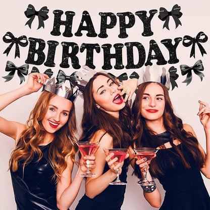 Glitter Black Bow Happy Birthday Banner Pre-Strung Coquette Birthday - Image 7