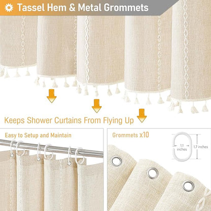 60x72 Boho Farmhouse Linen Heavy Duty Shower Curtain Set, Cream/Beige | Narrow - Image 5