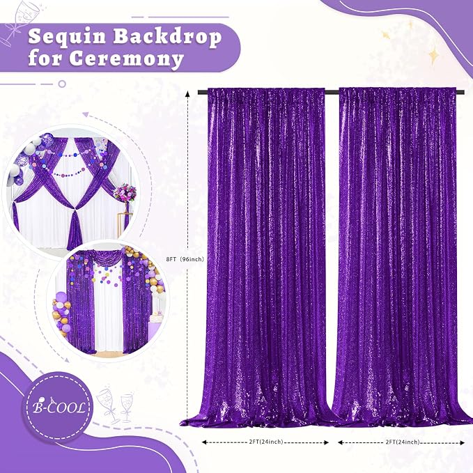 Purple Sequin Backdrop Curtains Party Photo Glitter Drapes 2 Pcs 2FTx8FT | - Image 4