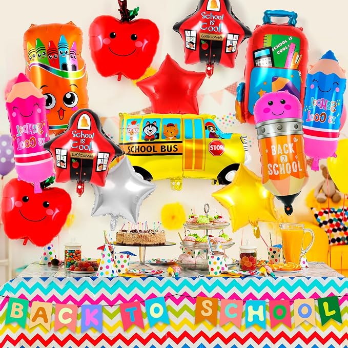 21 Pcs Large Back to School Balloons, Colorful Pencil Crayon Schoolbag Star Bus - Image 3