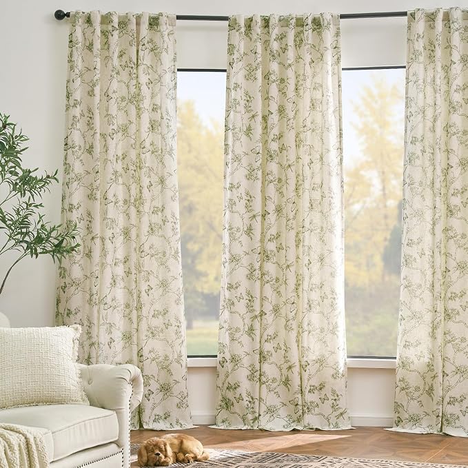 Green Floral Linen Lined Curtains Rod Pocket 50W X 90L 2 Panels | Charlotte - Image 7