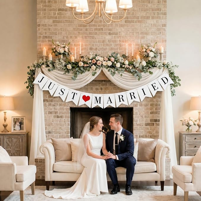 Just Married Banner Pre-strung Wedding Banner Bunting Photo Booth Props Garland - Image 6