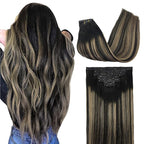 GOO GOO Clip in Hair Extensions Real Human Hair, Remy Human Hair Extensions Clip ins for Women, Natural Human Hair, 18inch 130g 7Pcs, 1B/16/1B Balayage Natural Black to Light Blonde