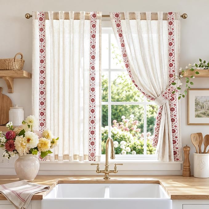 jinchan Red Floral Embroidered Short Linen Curtains 54×54 Inches 2 Panels | by JINCHAN