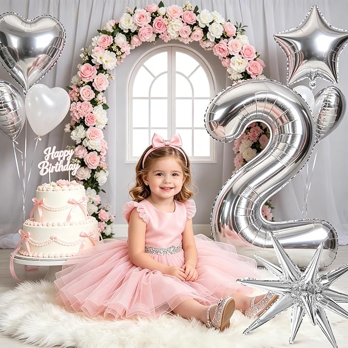 TONIFUL 2nd Birthday Balloons Kit 40Inch Silver Large Number 2 Foil Balloon | - Image 5