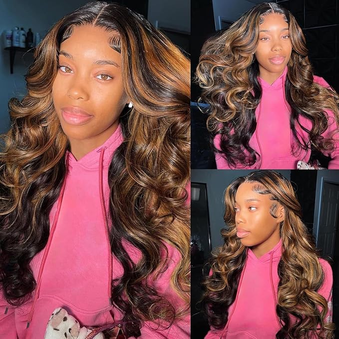 Highlight Ombre Lace Front Wigs Human Hair Body Wave 9x6 Lace Frontal Wigs Pre Plucked Colored 1B/30 Brown Highlight Wig 36 Inch Balayage Wigs Glueless Wigs Human Hair for Women