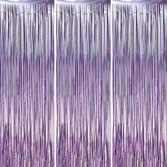 Voircoloria Light Purple Foil Fringe Backdrop Curtains, Birthday Party by Voircoloria