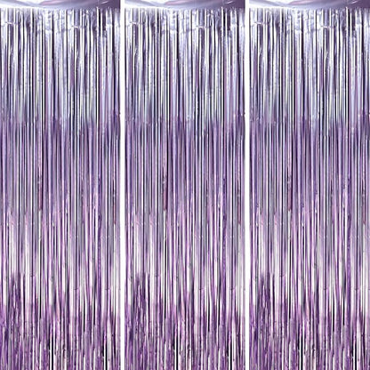 Voircoloria Light Purple Foil Fringe Backdrop Curtains, Birthday Party by Voircoloria