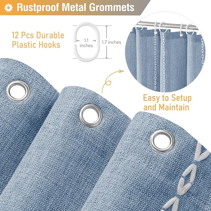 Blue Boho Farmhouse Linen Heavy Duty Cloth Shower Curtain Set, 72x72 | 330GSM - Image 5