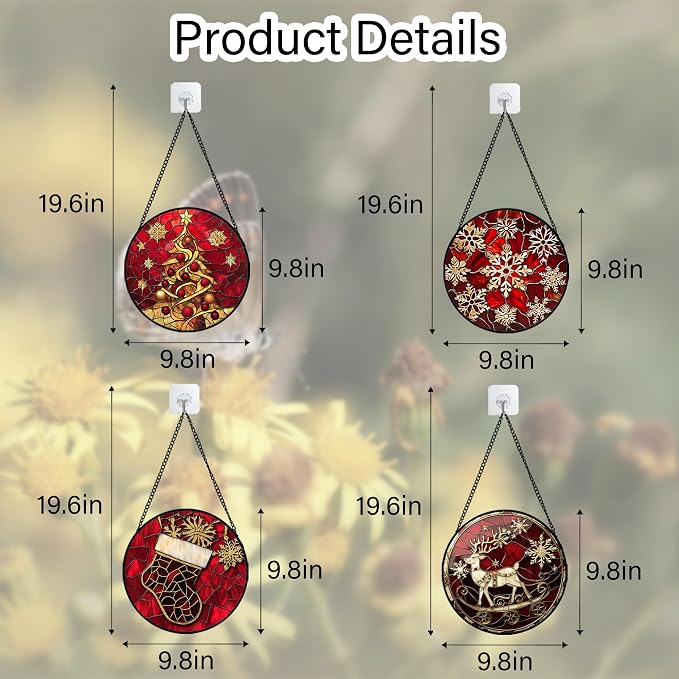 DASTOLL Stained Glass Window Hanging 4 Pcs Set Red Christmas Elk Snowflakes 9.8" - Image 6