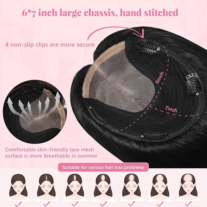 Hair Toppers for Women Real Human Jet Black Hairpieces for Thinning Hair 6x7inch Large Base 360°3D Toppers for Women 14inch Clip in Extensions Add Volume 65g (#1Toppers-14inch)