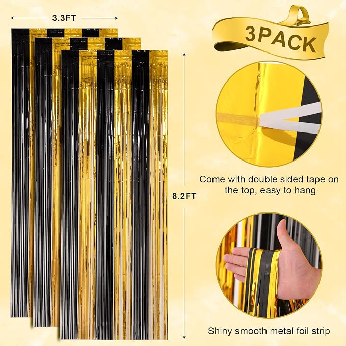 Voircoloria Black Gold Foil Fringe Backdrop Curtains, 3 Pack | Tinsel Streamers - Image 3