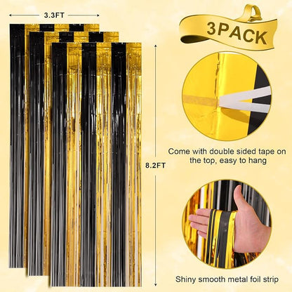 Voircoloria Black Gold Foil Fringe Backdrop Curtains, 3 Pack | Tinsel Streamers - Image 3