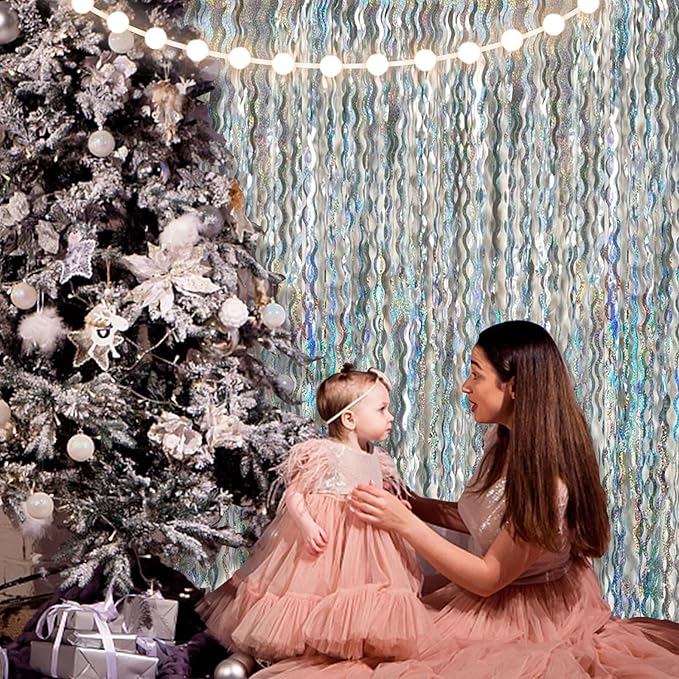 2 Pack Silver Backdrop Curtain Tinsel Streamers Sparkle Metallic Wavy Foil - Image 4