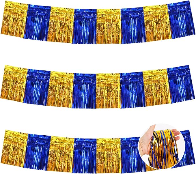 BEISHIDA Blue Gold Fringe Garland Banner 30ft Wall Tinsel Foil Streamers | 3Pack by Beishida