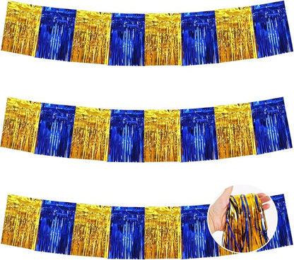 BEISHIDA Blue Gold Fringe Garland Banner 30ft Wall Tinsel Foil Streamers | 3Pack by Beishida