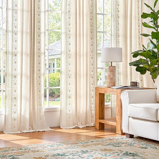 jinchan Floral Linen Curtains Embroidered Back Tab 50x84in 4 Panels Ivory | - Image 3