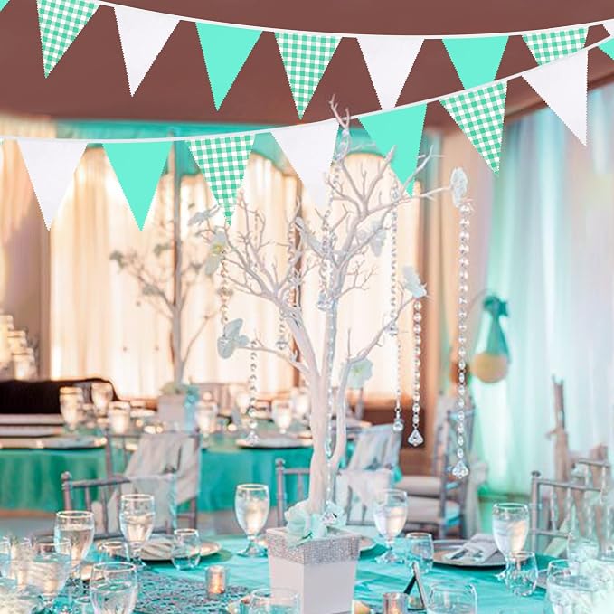 32Ft Aqua Green Plaid Checkered Party Banners Gingham Triangle Pennant Flag - Image 3