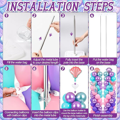 Skylety 2 Sets Mermaid Balloon Column Stand Kit Adjustable Mermaid Purple Pink - Image 3