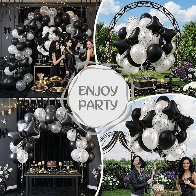 Black Bow Balloons, 12 Inch Black Pearl Transparent White Printed Balloons - Image 6