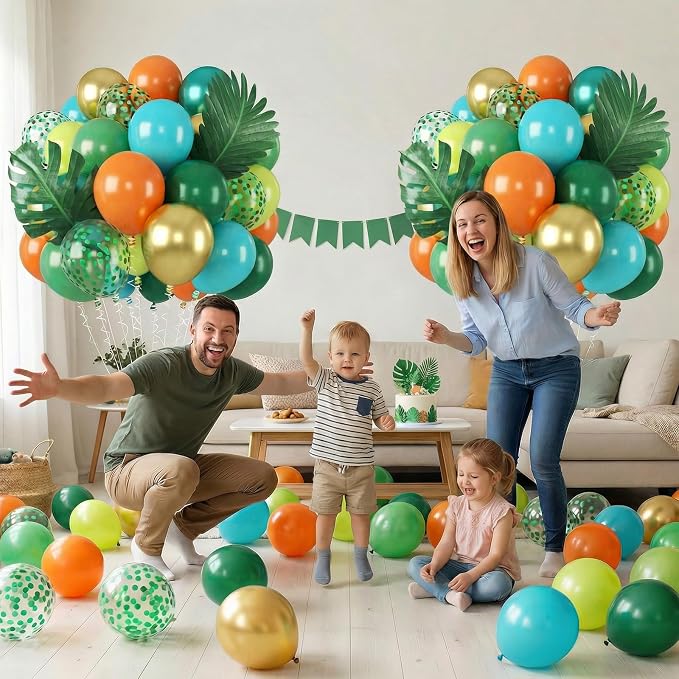 Dinosaur Balloons Set, 12 Inch Dark Green Teal and Orange Balloons, Metallic - Image 4