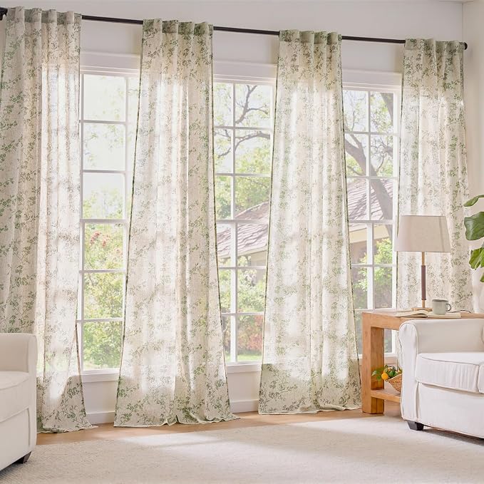 Green Vintage Floral Linen Curtains Farmhouse 38W X 63L 2 Panels | Elisa Series - Image 7