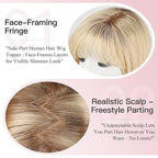 EMMOR Human Hair Toppers for Women Short Bob Real Hair with Bangs 10" Side Part Hairpieces for Women with Thin Hair 6.5" × 6.5" Larger Base Human Wig Toppers(Ombre Light Blonde)
