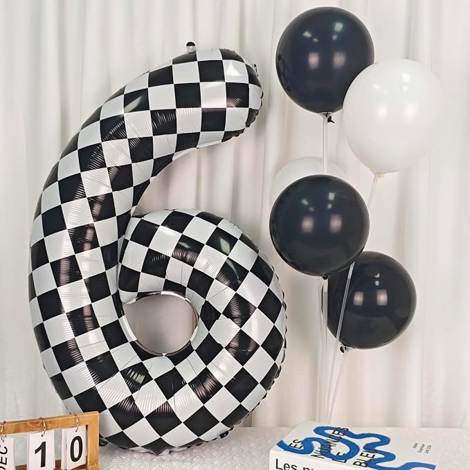 40In Black White Checkered Number 6 Balloon Race Car Digital Foil 6 Balloon | - Image 4