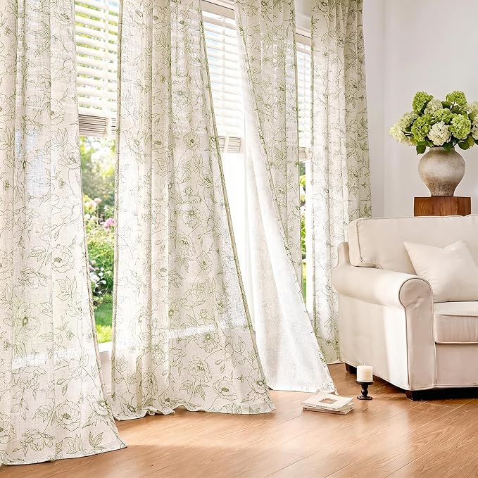 jinchan Floral Linen Curtains for Living Room 84 Inch Length Green Flower - Image 8