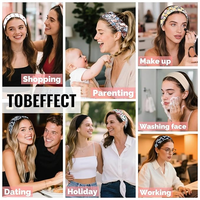 4PCS Floral Headbands for Women Trendy Wide Head Bands for Women's Hair Non Slip Wraps Elastic Stretchy Bandanas Workout Hair Bands Fashion Hair Accessories Birthday Gifts for Valentines Pink