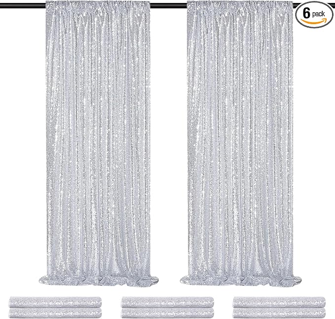 Silver Sequin Backdrop Curtains Drapes 6 Pieces 2ftx8ft Sparkly Christmas | by QueenDream
