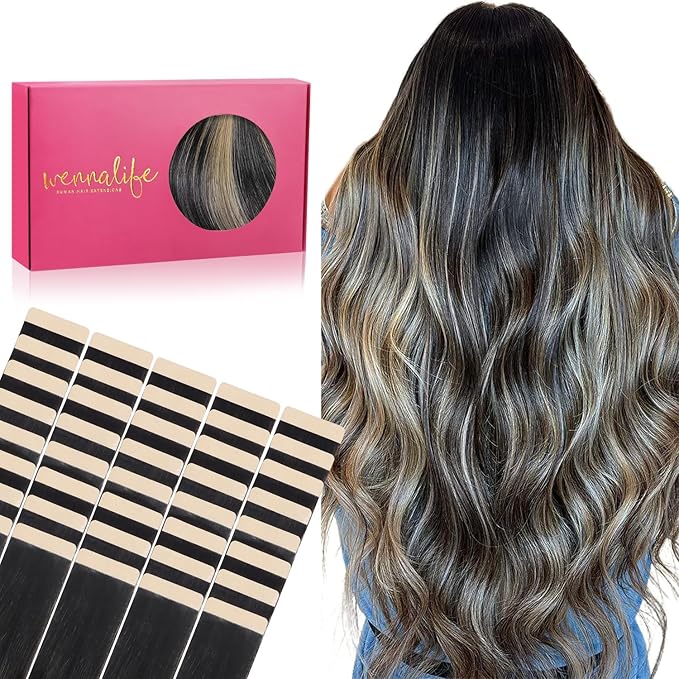 WENNALIFE Tape in Hair Extensions Human Hair, 40pcs 100g 20 inch Balayage Natural Black to Light Blonde Hair Extensions Real Human Hair Straight Tape in Extensions