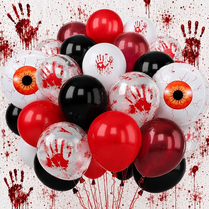 Halloween Bloody Scary Balloons Red Black Hand Print Eye Balloons | 4D Eyeball - Image 9