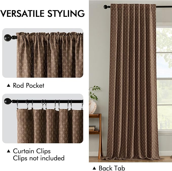 MIULEE Patterned Farmhouse Linen Curtains, Back Tab, Dark Coffee | Linen - Image 3