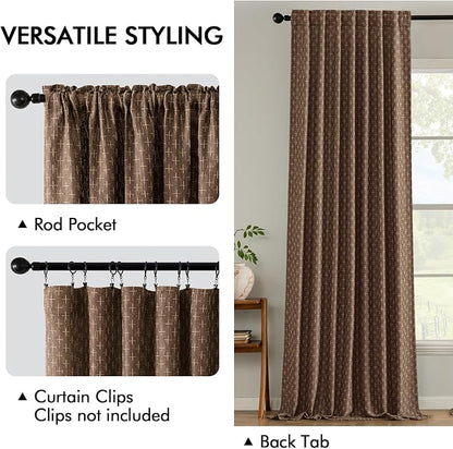 MIULEE Patterned Farmhouse Linen Curtains, Back Tab, Dark Coffeen | Linen - Image 3