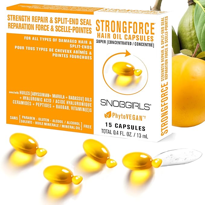 Strength Repair Hair Oil Capsules – Leave-In Serum for Weak | Broken Hair Repair Serum w/ Argan, Peptides & Ceramides | Mineral Oil, Sulfate and Paraben Free, Vegan | Split-End Sealer & Shine | 15Ct