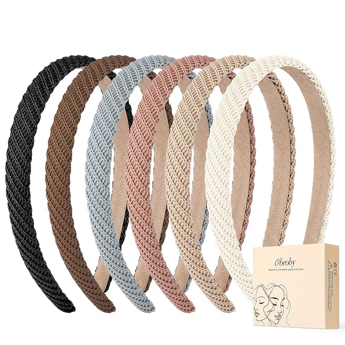 obeoby 6 Pack Trendy Headbands for Women, 0.6inch Thin Knitted Hairbands for Girls Valentines Day Outfit Women's Hair Non Slip