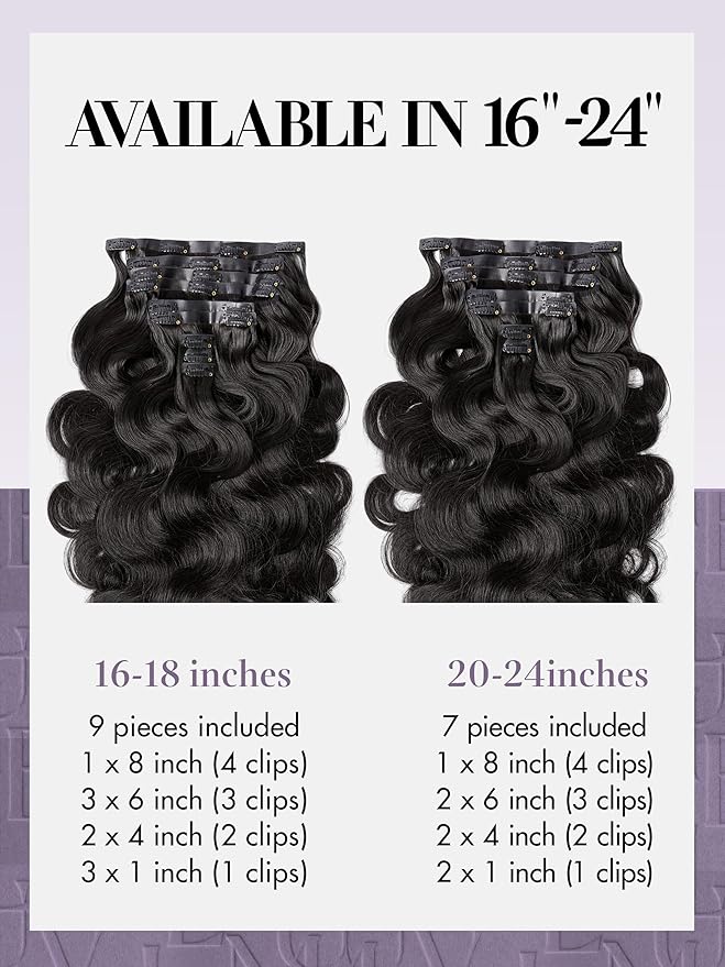LUVME Clip in Hair Extensions Thick Body Wavy Hair Extensions, Natural Black 135g 7pcs 22 Inch, Real Hair Clip in Human Hair for Women