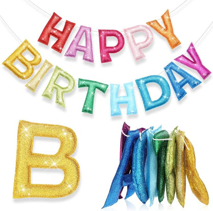 Tegeme Felt Happy Birthday Banner, Pre-strung Glitter Happy Birthday Garland by Tegeme