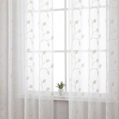 Beige Sheer Curtains Decorative Embroidered Leaf 96 Inches Long | Light - Image 6