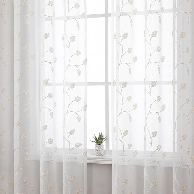Beige Sheer Curtains Decorative Embroidered Leaf 63 Inches Long | Light - Image 2