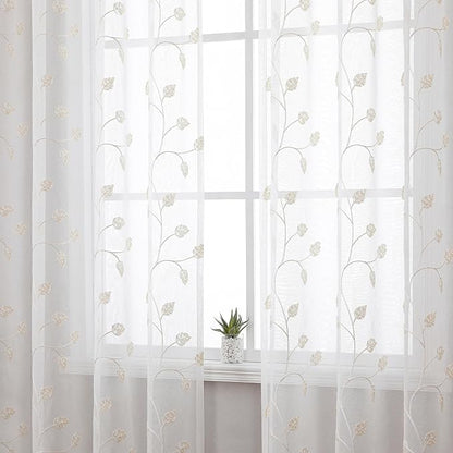 Beige Sheer Curtains Decorative Embroidered Leaf 63 Inches Long | Light - Image 2