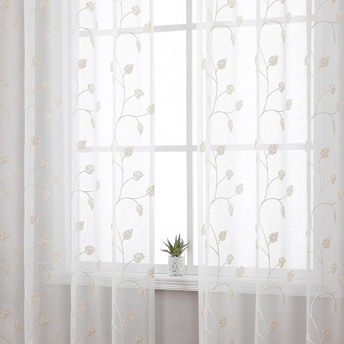Beige Sheer Curtains Decorative Embroidered Leaf 84 Inches Long | Light - Image 2