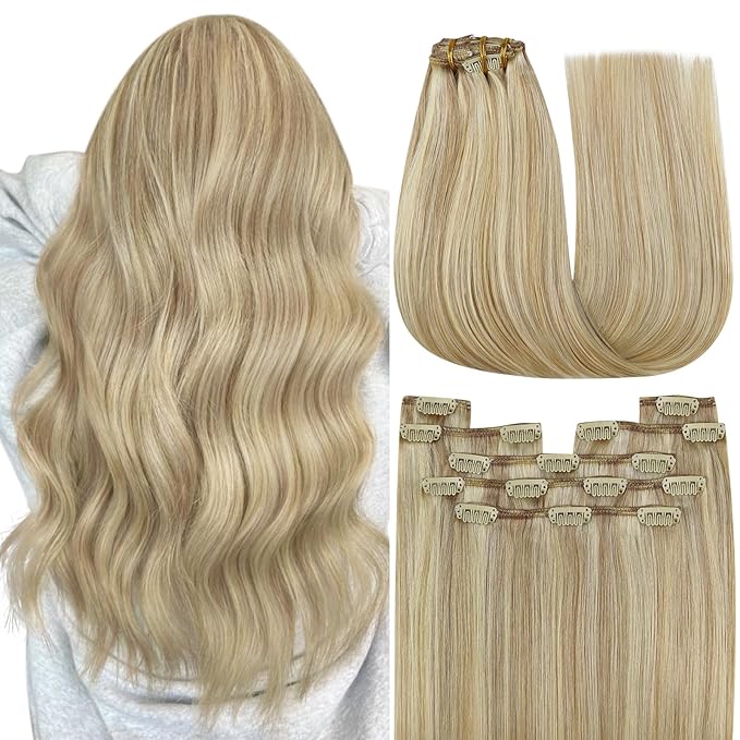 YoungSee Blonde Clip in Hair Extensions Highlights Human Hair Clip in Extensions Light Blonde Highlights Golden Blond Hair Extension Clip ins Easy to Install 7Pcs 120G 14inch